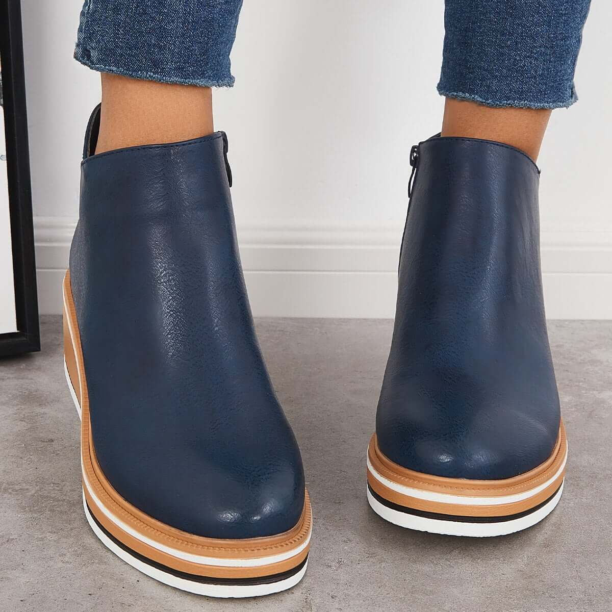 Dames Enkelboots met Rits – Zwart Leer, Plateau Hak voor Casual en Avondkleding