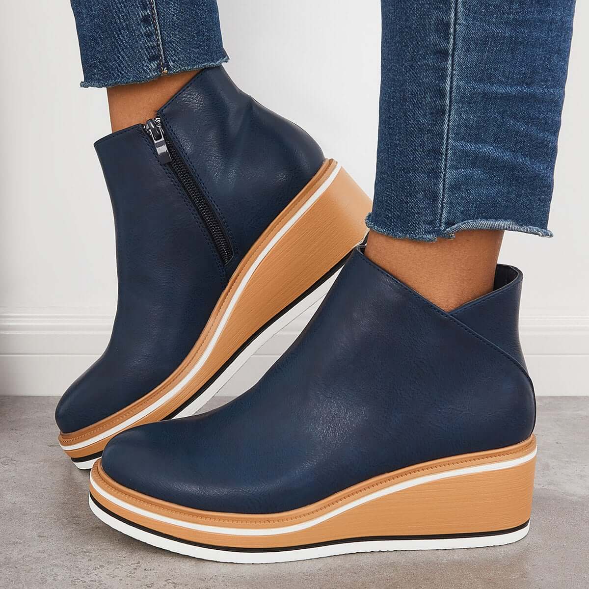Dames Enkelboots met Rits – Zwart Leer, Plateau Hak voor Casual en Avondkleding