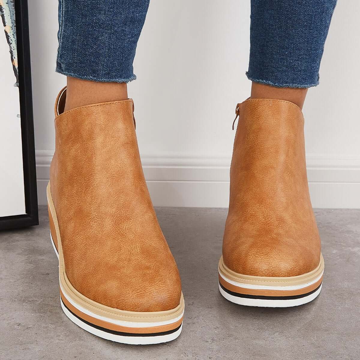 Dames Enkelboots met Rits – Zwart Leer, Plateau Hak voor Casual en Avondkleding