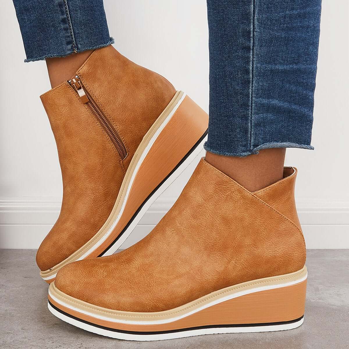 Dames Enkelboots met Rits – Zwart Leer, Plateau Hak voor Casual en Avondkleding