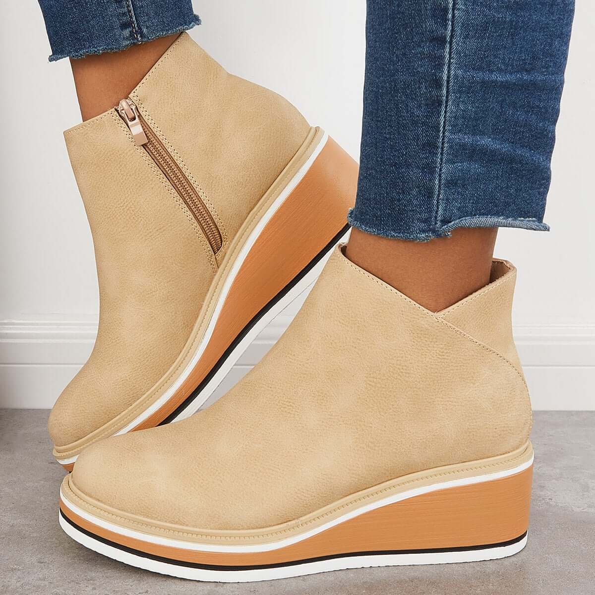 Dames Enkelboots met Rits – Zwart Leer, Plateau Hak voor Casual en Avondkleding