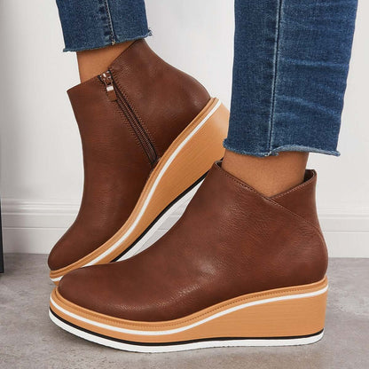 Dames Enkelboots met Rits – Zwart Leer, Plateau Hak voor Casual en Avondkleding