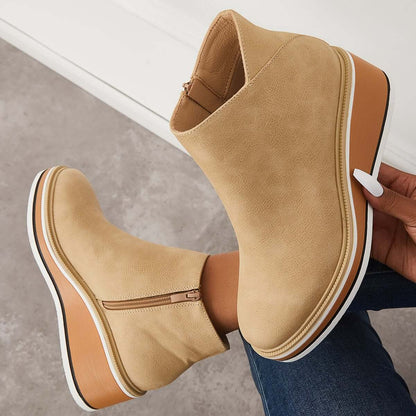 Dames Enkelboots met Rits – Zwart Leer, Plateau Hak voor Casual en Avondkleding
