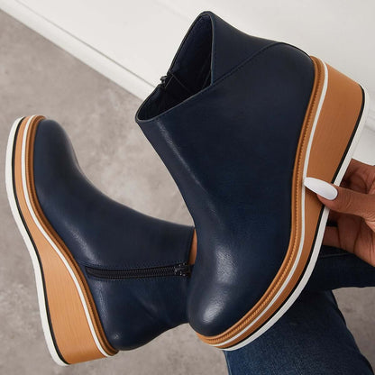 Dames Enkelboots met Rits – Zwart Leer, Plateau Hak voor Casual en Avondkleding