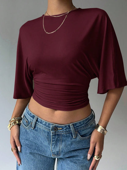 Aloruh Casual mode voor dames, straatchic, effen kleur, geplooid, getailleerd cropped T-shirt met vleermuismouwen, zomer