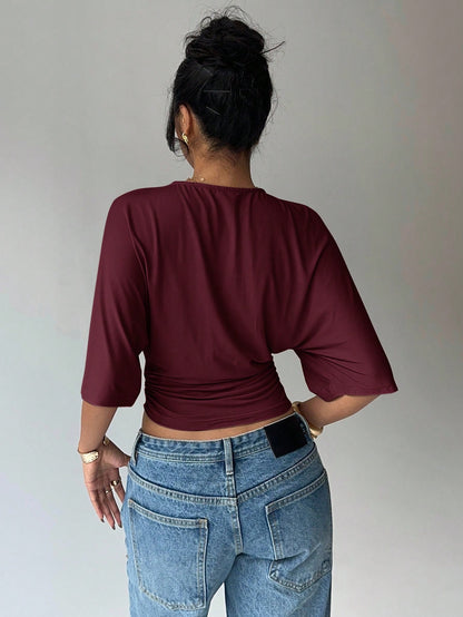Aloruh Casual mode voor dames, straatchic, effen kleur, geplooid, getailleerd cropped T-shirt met vleermuismouwen, zomer