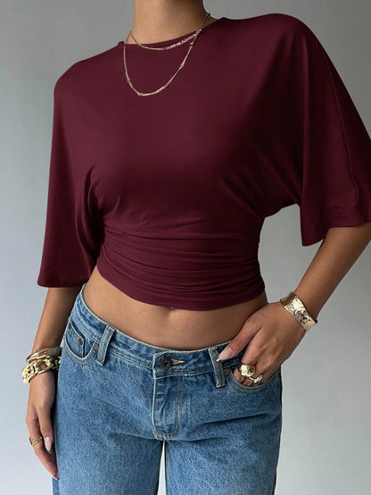 Aloruh Casual mode voor dames, straatchic, effen kleur, geplooid, getailleerd cropped T-shirt met vleermuismouwen, zomer