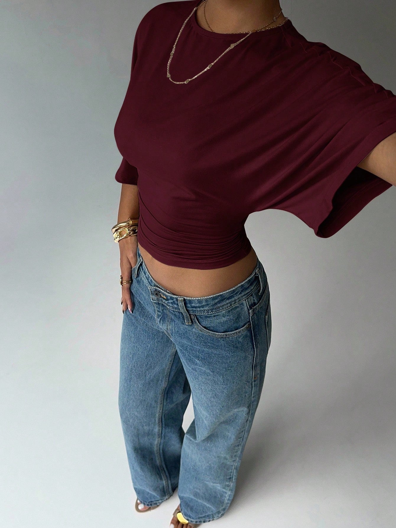 Aloruh Casual mode voor dames, straatchic, effen kleur, geplooid, getailleerd cropped T-shirt met vleermuismouwen, zomer