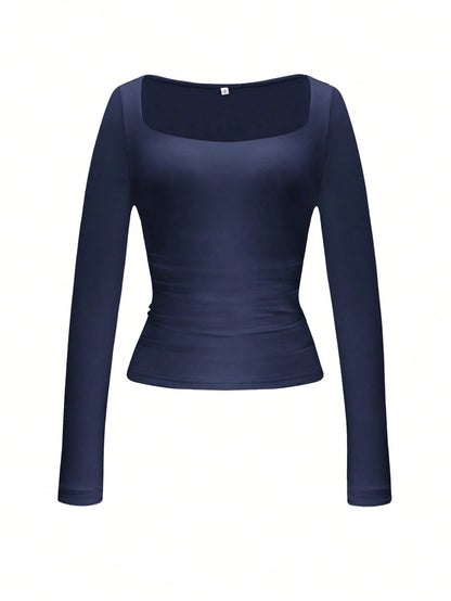 Vaiaye Sexy Getailleerde Gebreide Top met Lange Mouwen voor Dames, Effen Kleur T-shirt met Vierkante Hals, Geschikt voor Valentijnsdag