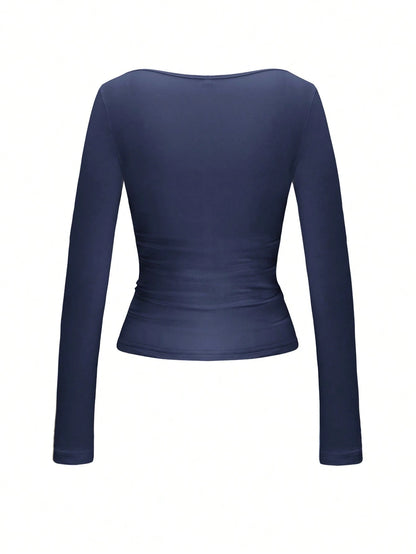 Vaiaye Sexy Getailleerde Gebreide Top met Lange Mouwen voor Dames, Effen Kleur T-shirt met Vierkante Hals, Geschikt voor Valentijnsdag
