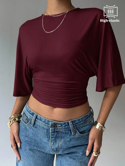 Aloruh Casual mode voor dames, straatchic, effen kleur, geplooid, getailleerd cropped T-shirt met vleermuismouwen, zomer
