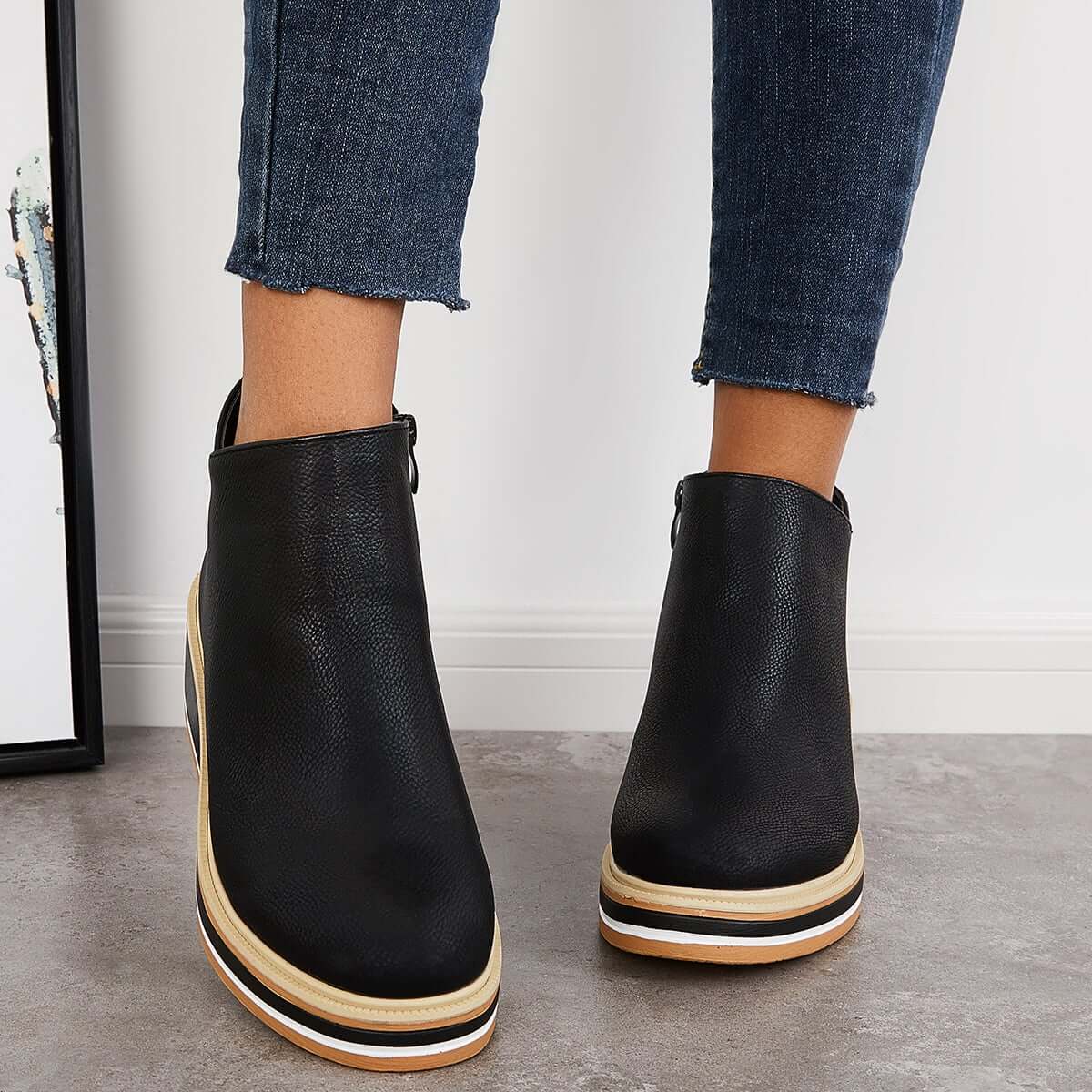 Dames Enkelboots met Rits – Zwart Leer, Plateau Hak voor Casual en Avondkleding