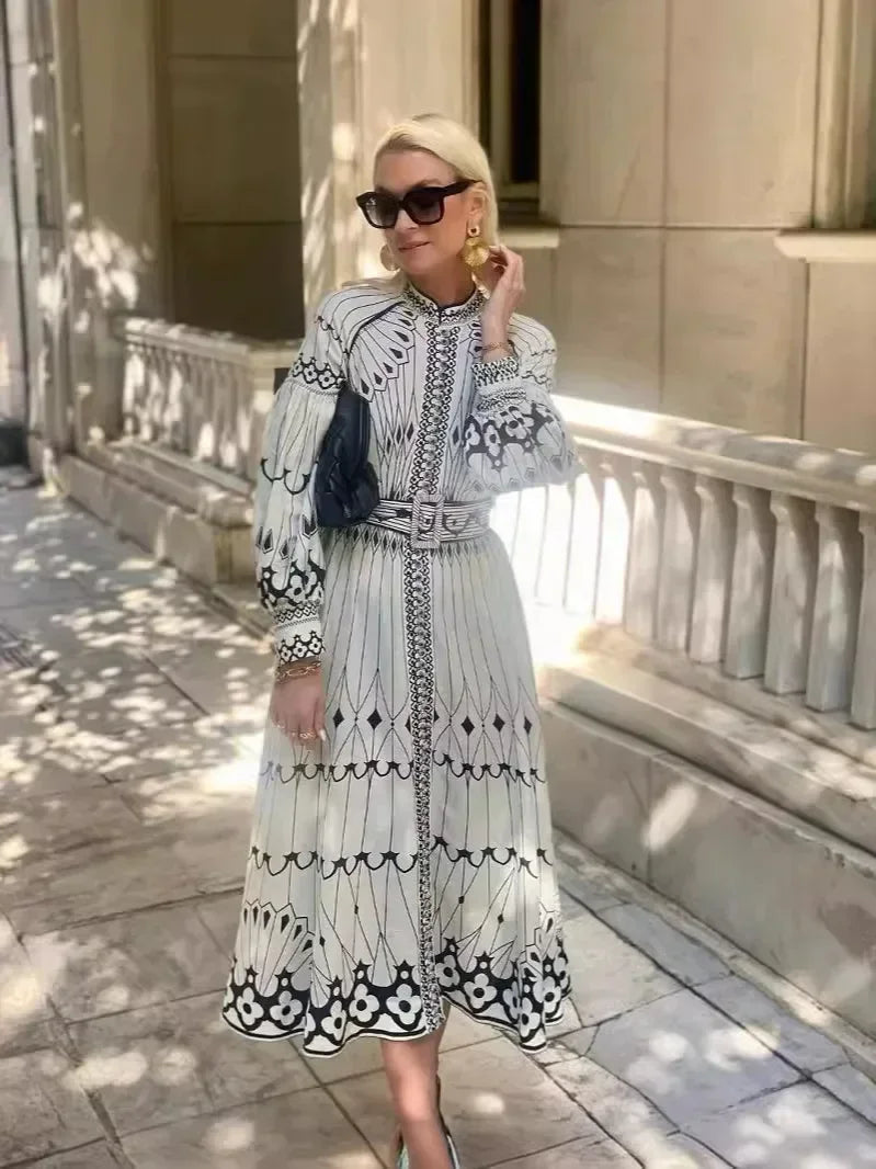 Eulalia - Retro Staande Kraag Boho Jurk