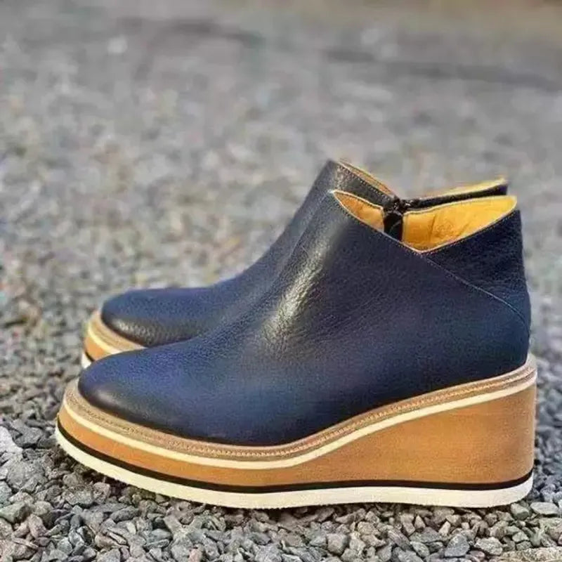 Dames Enkelboots met Rits – Zwart Leer, Plateau Hak voor Casual en Avondkleding